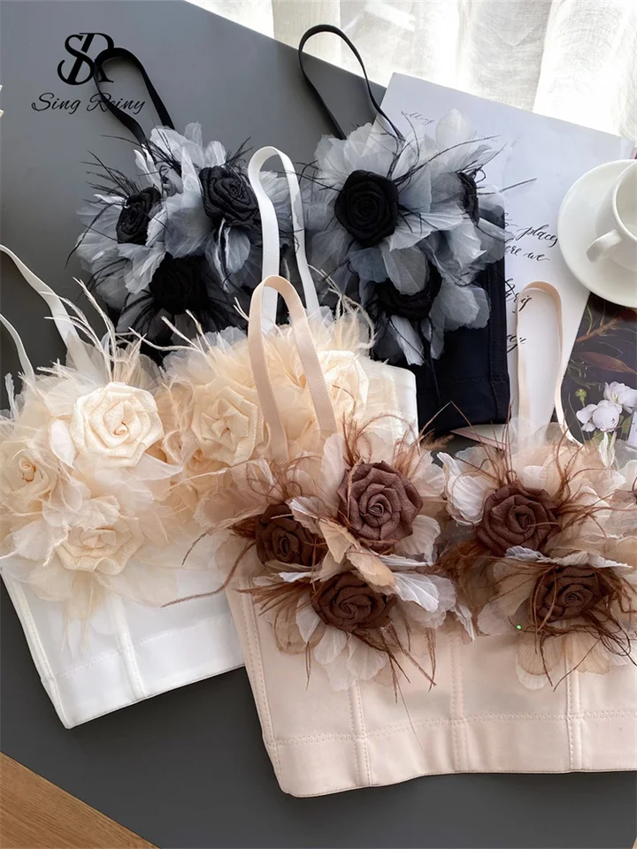 Singreiny Fashion 3d Flowers Design Sensual Camis Vysoko kvalitný krátky špičkový tenký Camis Ženy sexy strapce francúzske puzdro Camisole
