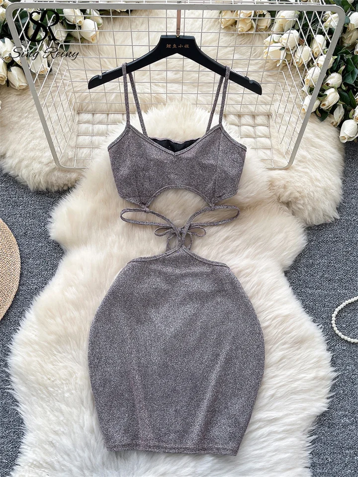 Singreiny Fashion Streetwear Hotsweet Šaty špagety remienok bez rukávov dizajn out dizajn American ins sexy shinny bodycon šaty