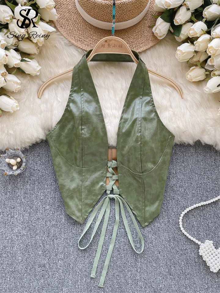 Singreiny Fashion Streetwear Mini Tops Halter Backless Lace Up Slim Fit Sexy Camis Women Hotsweet Y2K PU kožené topánky