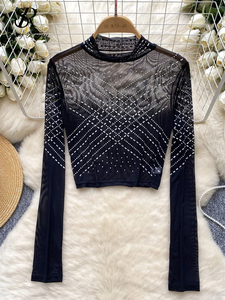 Singreiny Fashion Thin Tops Tops Turtleneck s dlhými rukávmi Diamanty Elegantné ženské streetwear hotweet Skinny Stručné číry blúzka