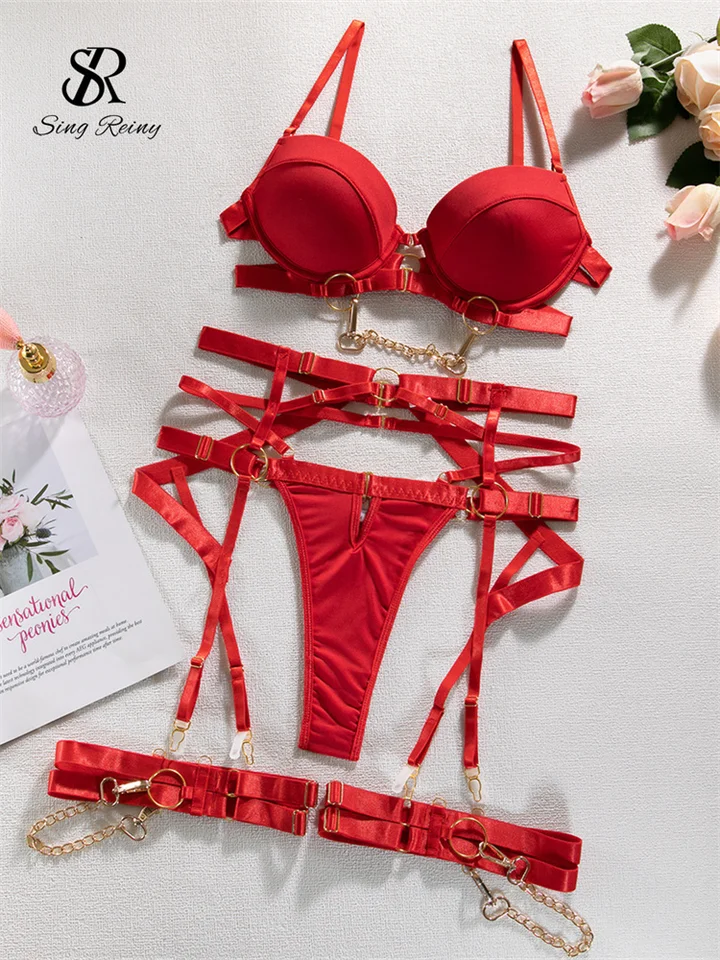 Singreiny Sexy Fashion Chain erotické 3 kusy Sety Dámy remienok bez spätného korzetového spodného prádla Solid erotická zmyselná podprsenka a nohavičky obleky