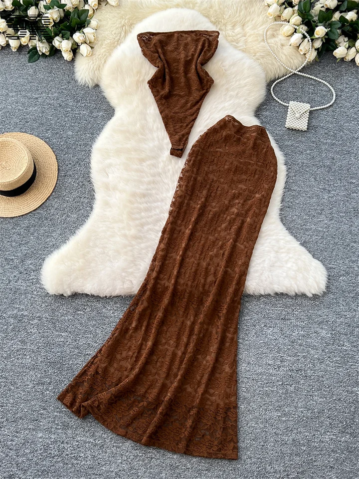 Singreiny Sexy Lace Dva kusy Sety Ženy bez rukávov bez ramienok BodySuits+elastický pás Bodycon sukňa módne klub 2ks