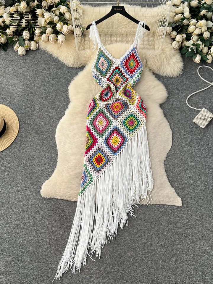 Singreiny Tassel pletené dlhé šaty Ženy Hook Dutlow Out popruh Hohemian Slim Slim bez rukávov Dámske dovolenky Príležitostné plážové šaty
