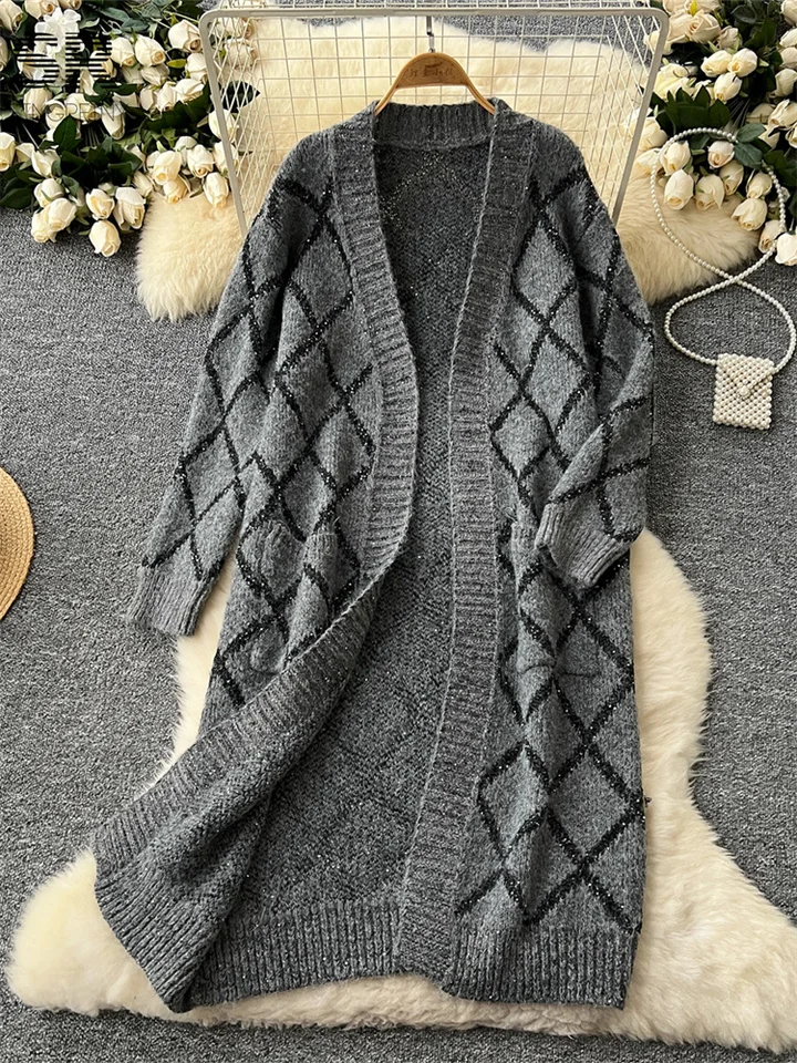 Singreiny Winter Argyle Nadmernisize Cardigan Jeseň s dlhým rukávom vreckový dizajn Ženy Flitky voľné pletené pletené sveter sveter