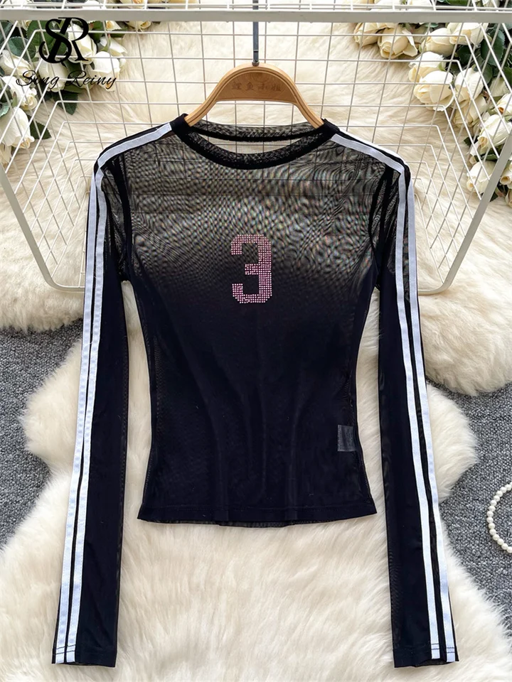 Singreiny Základné tenké číre sieťové topy Ženy o krk dlhé rukávy List Diamonds Slim Blúzka American Streetwear Hotsweet Tričko