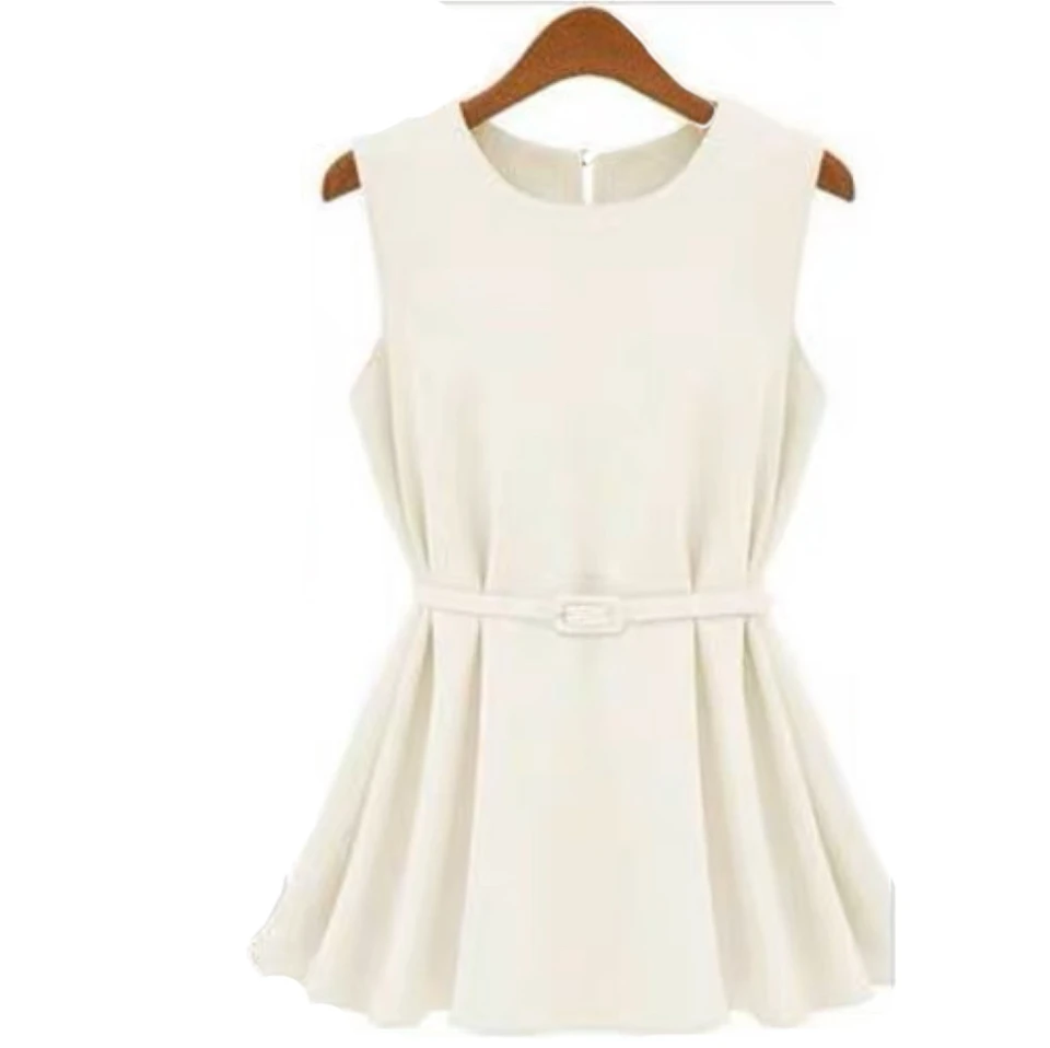 Singwing New Summer Women Slim Peplum Solid Color Round Crick Bez rukávy Denne dochádzajúce šifónové tričko s opaskom