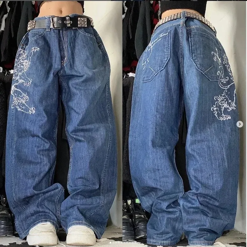 Siri American Casual Men and Women Nohavice Y2K Pattert Tlač vymytých vreckových vrecka Rovné džínsy s vysokým pásom mopingové nohavice na nohy