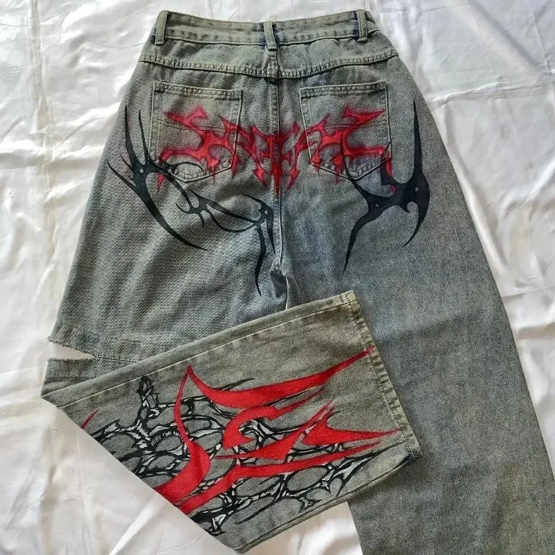 Siri Street Fashion Trend Washed Retro Jeans Žena Y2K New Harajuku Casual Joker Rovné nohavice na široké nohavice pár punkových rockových nohavíc