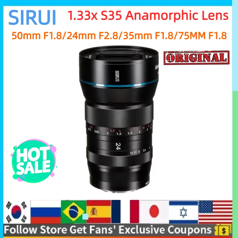 Sirui Anamorfic Lens 24 mm F2,8 35 mm F1,8 50 mm F1,8 75 mm F1,8 1,33x S35 Series Calvers Super35/APS-C pre senzory Canon Rf Leica L.