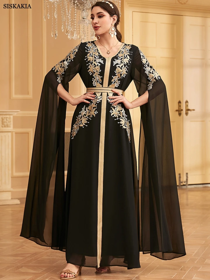 Siskakia Dubaj Elegantná elegantná super rukáv s dlhým rukávom čierne dlhé šaty Fližby Belted Party Abayas arabské saudské žien žien žien