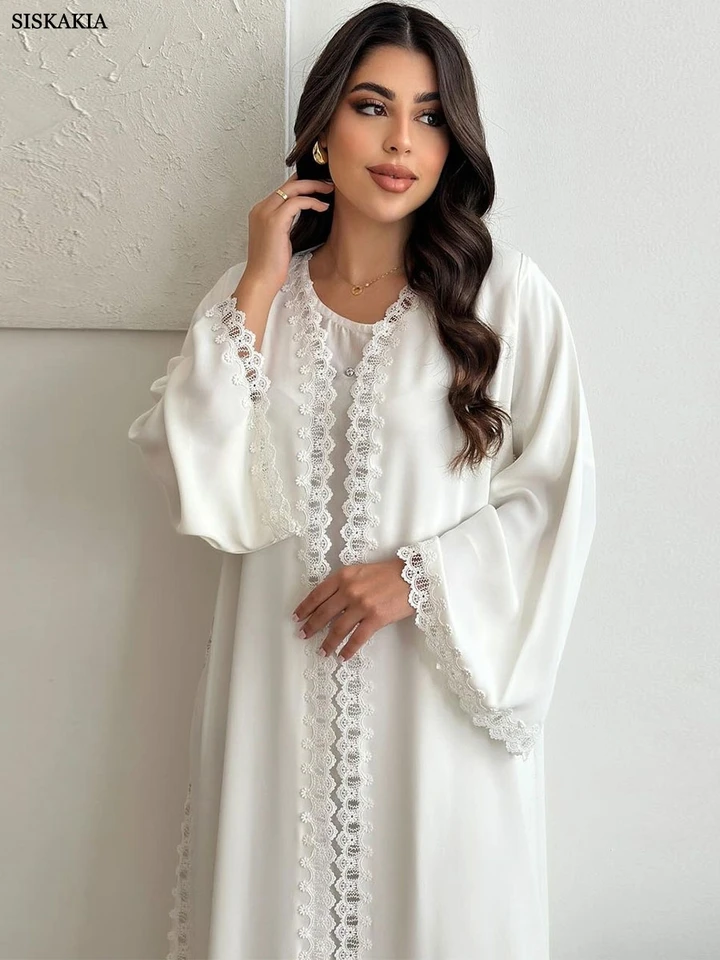 Siskakia Dubaj Solid White Open Abaya pre moslimskú ženu čipkovú pásku Mardigan Elegantné príležitostné voľné marocké saudské kaftan móda