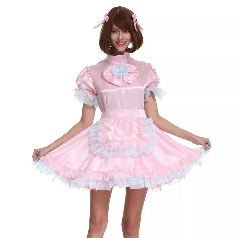 Sissy ružové saténové uzamykateľné šaty slúžka Cosplay na mieru
