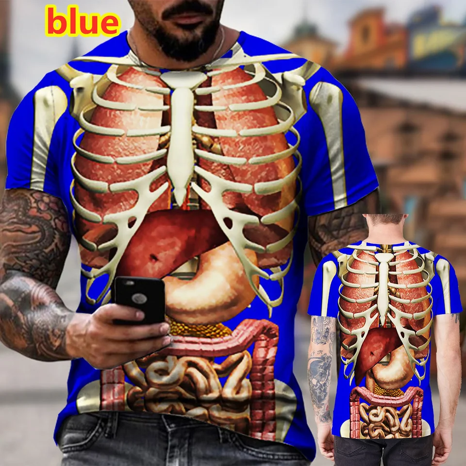 Skeleton interné orgány 3D tlačené tričko móda s krátkym rukávom lebka vtipné muži tričko