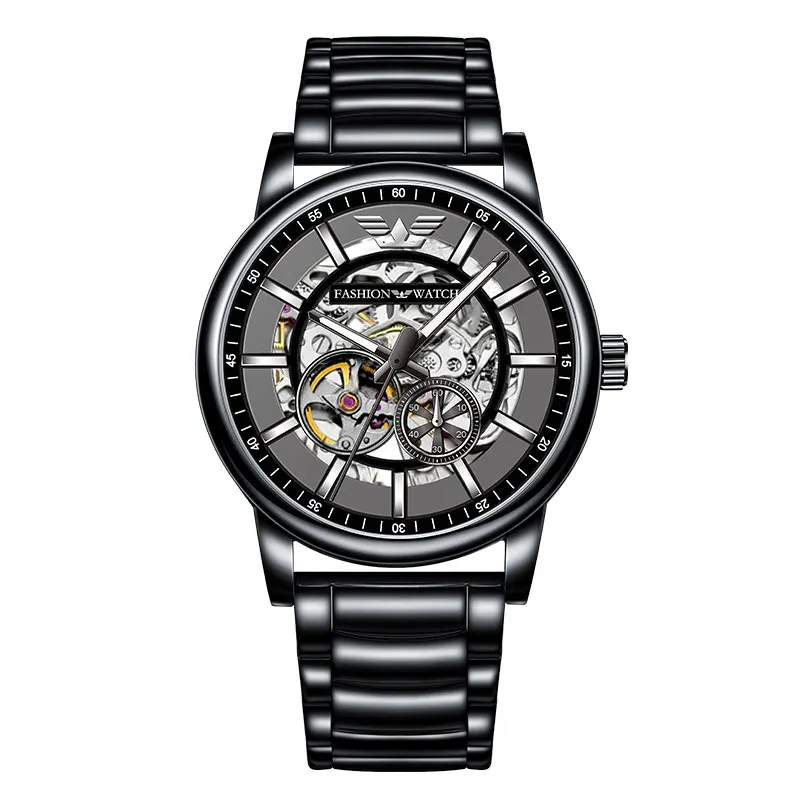 Skeleton Mechanical Watch Men Black Top značka z nehrdzavejúcej ocele luxusný obchod s rellogios maskulino 2025