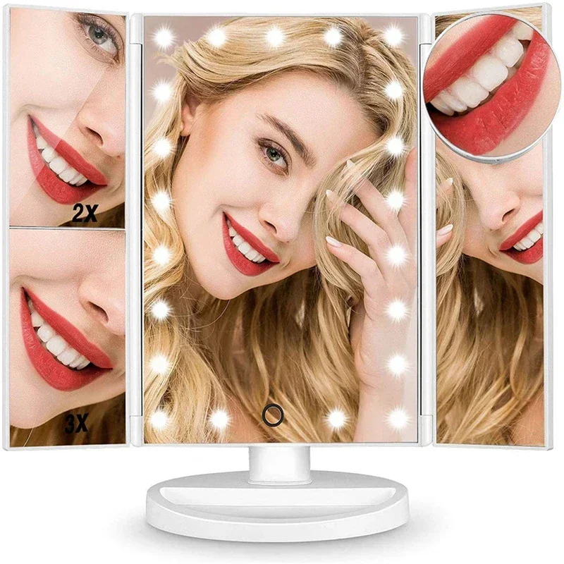 Skladacie LED Vanity make -up zrkadla s dotykovou obrazovkou 3 tónové svetlo 2x/3x Zvýšenie 360 ​​° Rotate Nabíjateľné stmievanie zrkadla