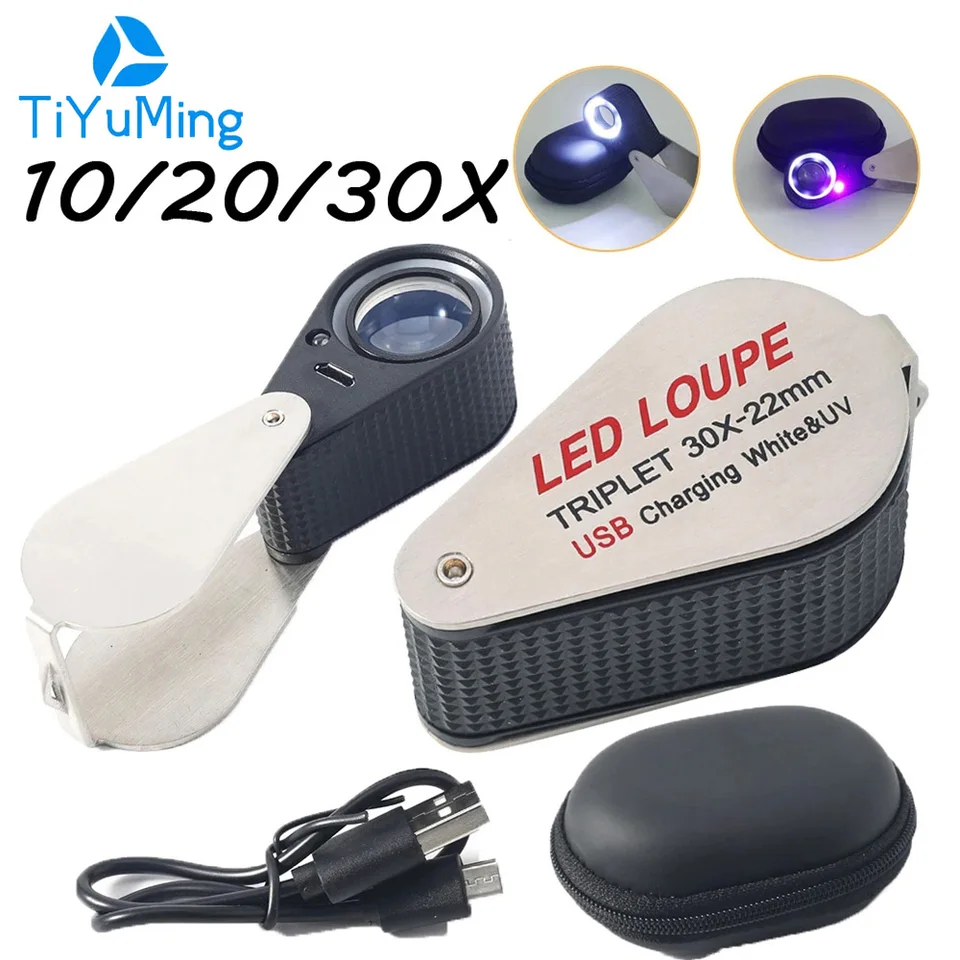 Skladacie lupenie 10/20/30x s LED/UV nabíjateľným lupením pre identifikáciu šperkov a diamantových starožitností