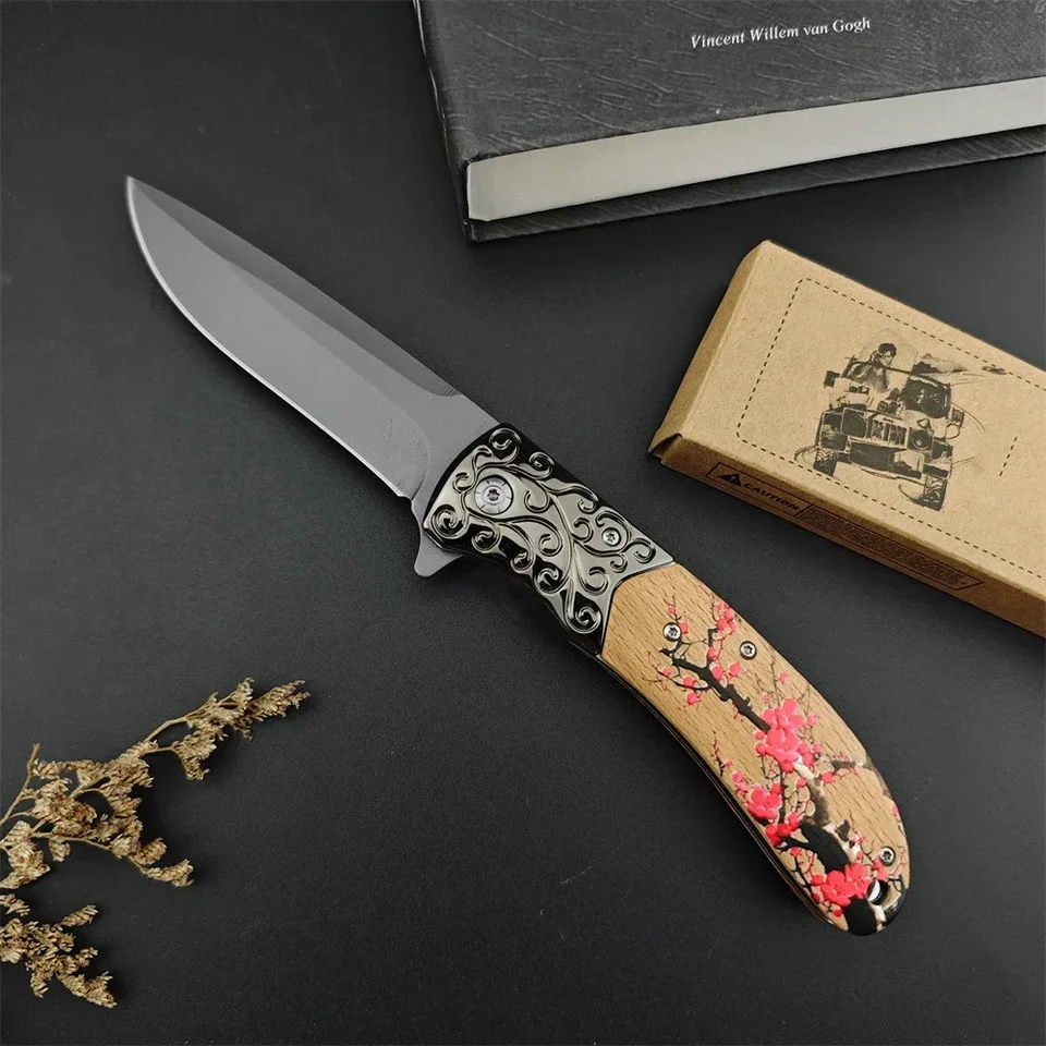 Skladací vreckový nôž 5Cr13Mov Blade Olive Wood jemné slivky rukoväť poľovníctvo taktická sebaobrana Knife Kemping EDC Tools