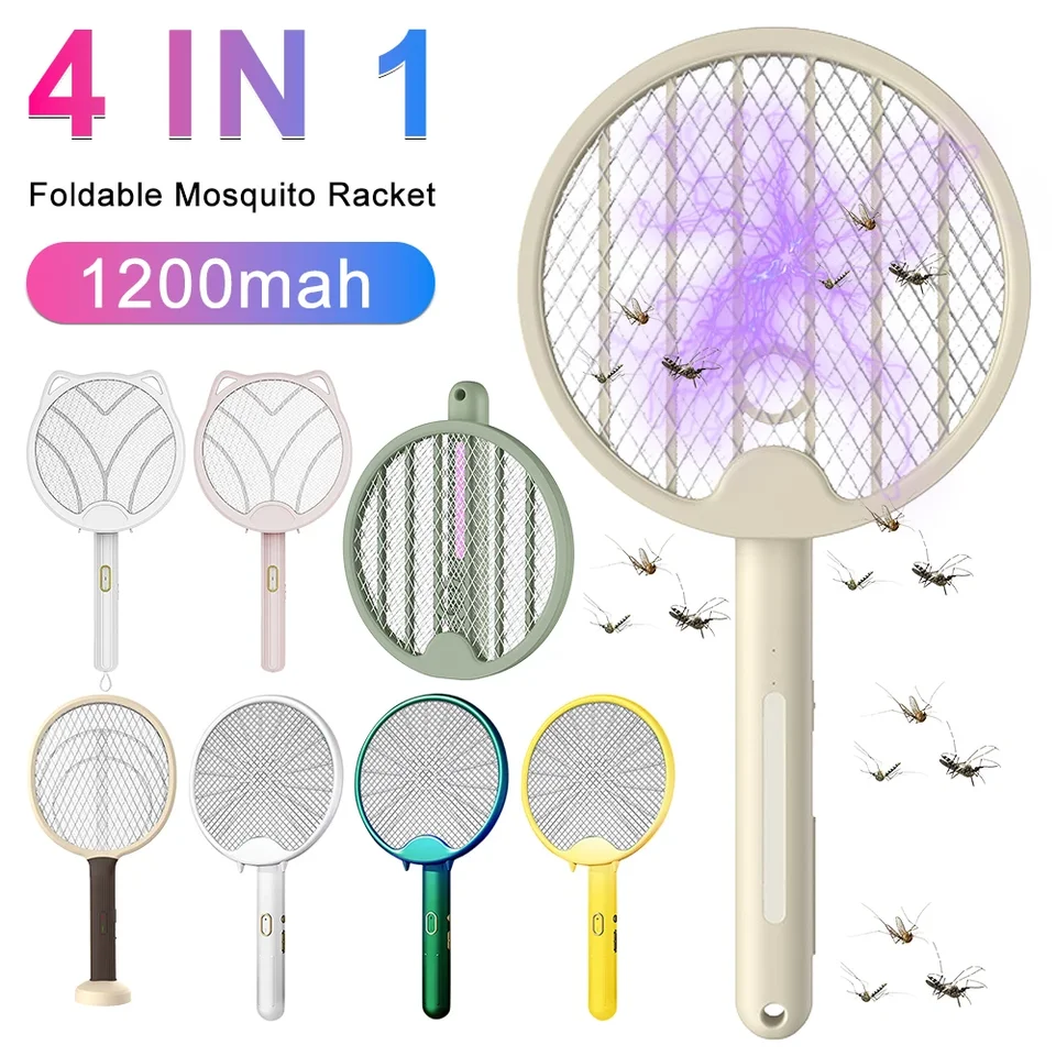 Skladateľný elektrický vražedný komár komárov Racket Racket Repellent Lamp USB Nabíjateľná 1200 mAh mušiek swatter s UV svetlom