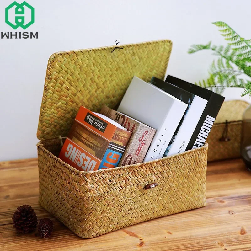 Skladovacia skrinka s 1pc s vekom 32 cm ručne tkaného morského skladovacieho košíka Šperky na nádobu na jedlo Sundries Hračky Organizátor Domovod