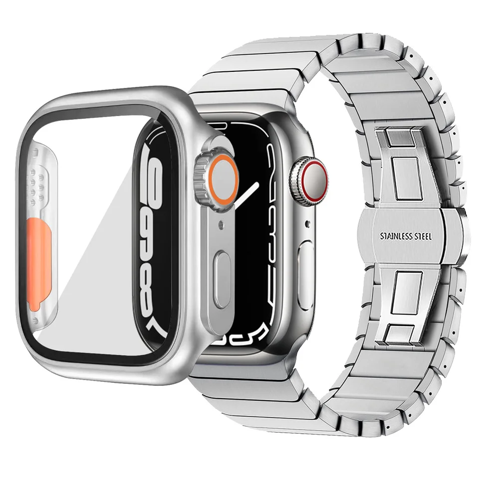 Sklenené+kryt pre Apple Watch Case Series 9 8 7 4 5 6 SE 45 mm 44 mm temperovaný filmový nárazník Protector Apple Watch Apssories
