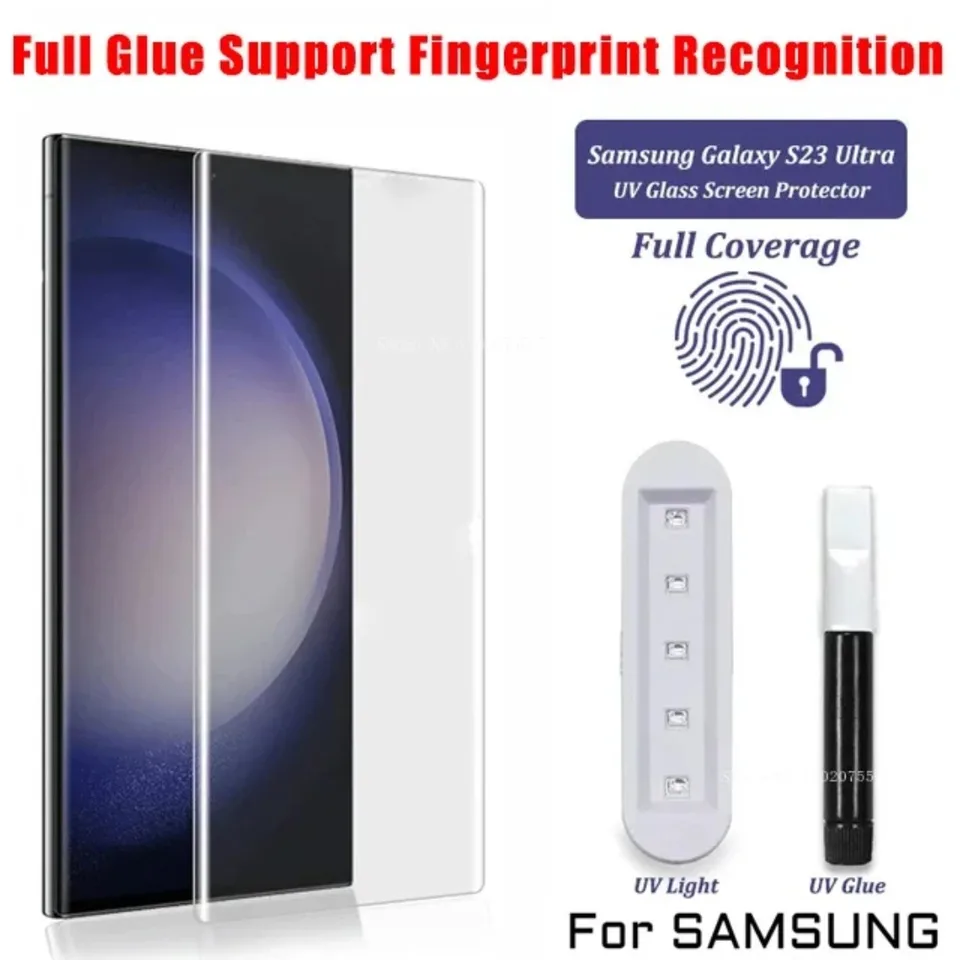 Sklo 3ks pre Samsung S23 S22 Ultra UV Liquid Glue Glue Screen Screen Galaxy S21 S10 S8 S9 Plus + S20 Fe Poznámka 8 9 10 20 sklo sklo