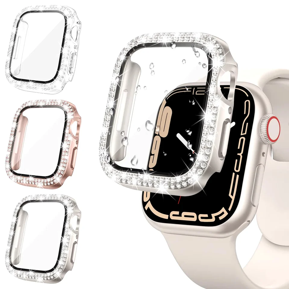 Sklo+diamantový kryt pre puzdro na hodinky Apple 46 mm 42 mm 41 mm 45 mm 38 mm 49 mm blingový nárazník Iwatch séria 10 9 3 5 6 7 8 puzdro