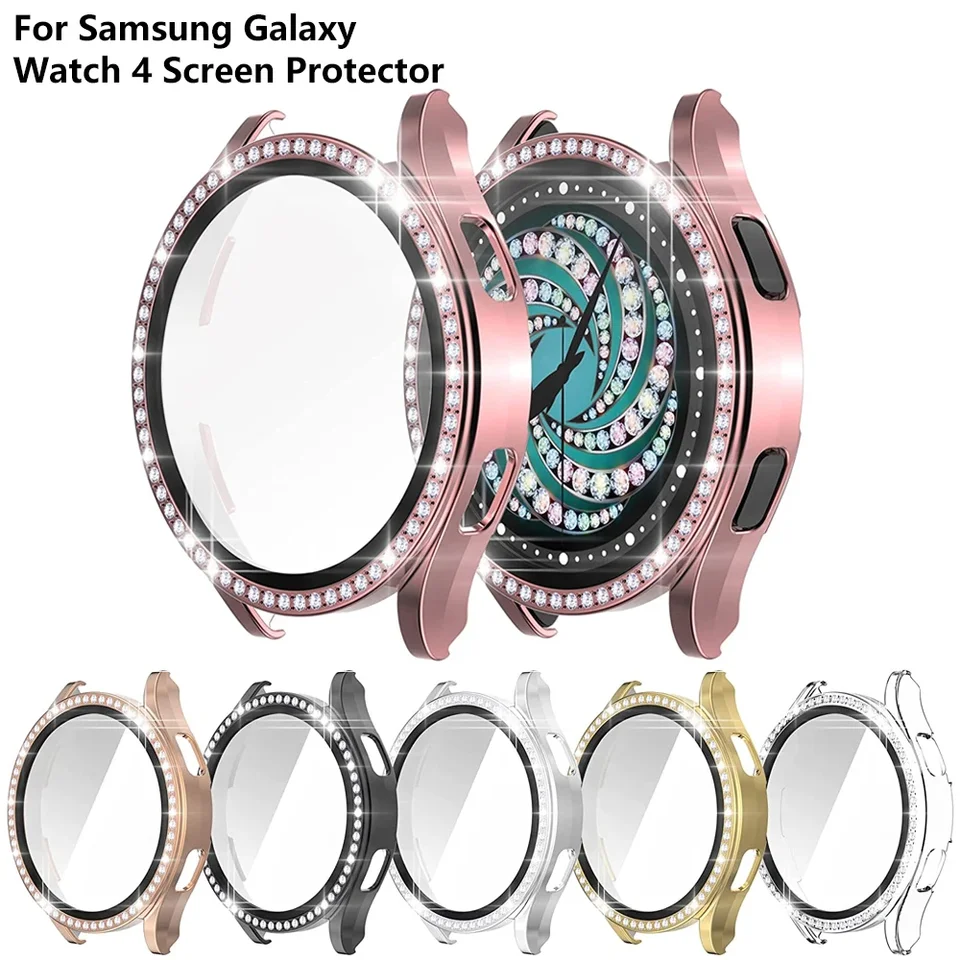 Sklo+puzdro pre Samsung Galaxy Watch 4 5 Chránič obrazovky 44 mm 40 mm, blingový kryštálový kryt nárazníka s filmom pre ženy