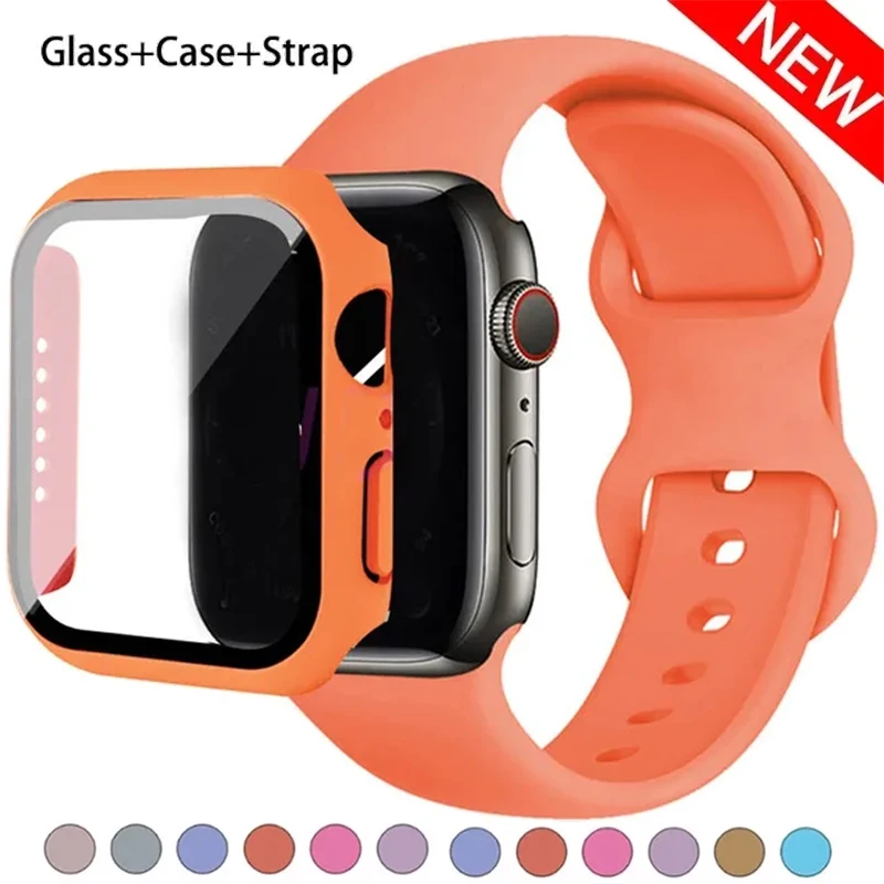 Sklo+puzdro+remienok pre Apple Watch Band 44 mm 41 mm 45 mm 40 mm 38 mm 42 mm Silikónový náramok Iwatch Series 9 8 3 4 5 6 SE 7 WatchBands