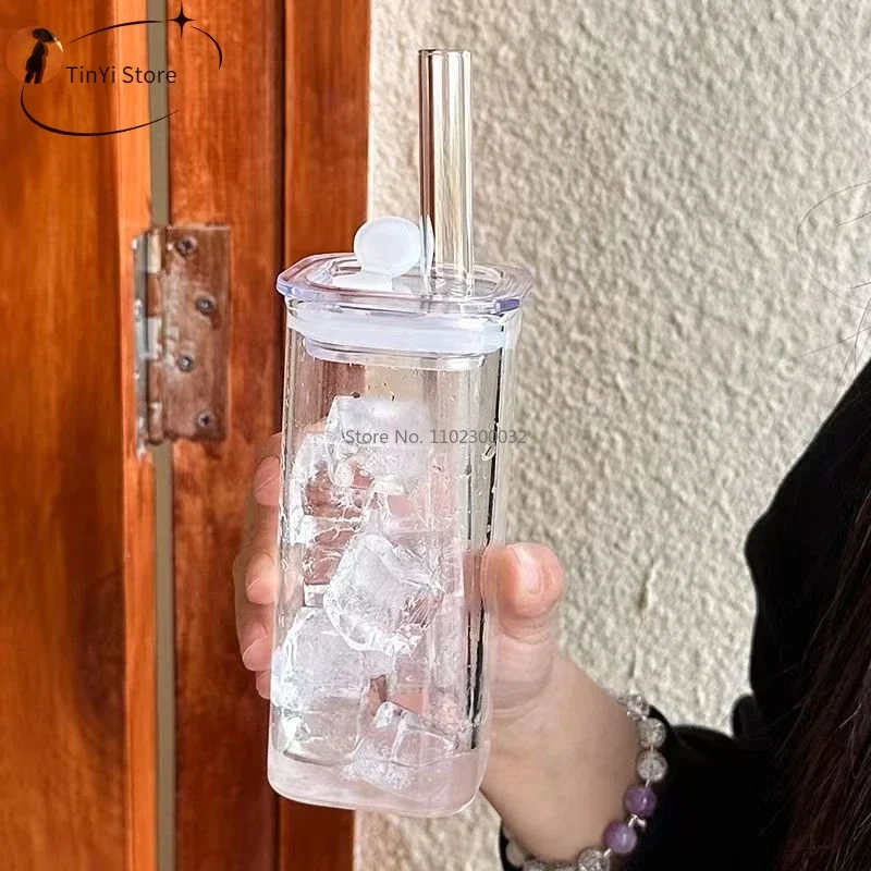 Sklo s veľkým slamym odolné voči vode odolným voči vode s vekom slamy šálky štvorcový sklenený plechovka na sať perly pre domácnosť Mlieko Kávové šálky