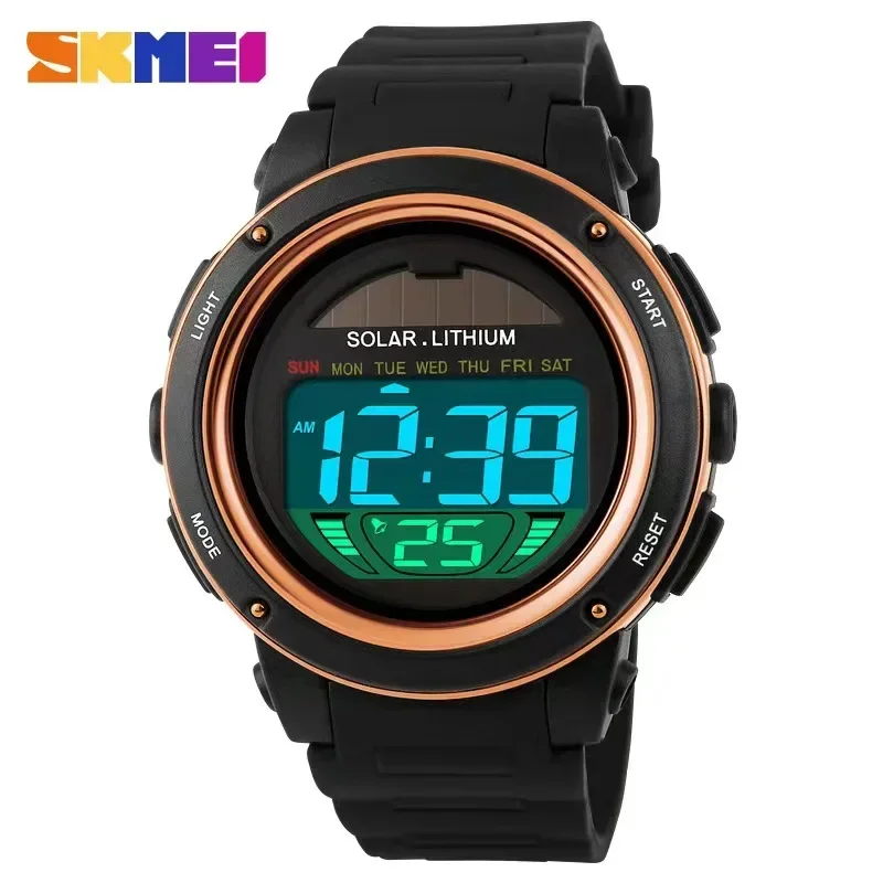 Skmei Men Solar Pu Raint Wristwatches Mens Chronograph Alarm 5Bar Witerproof Digital Watch Reloj Hombre Outdoor Sport Watch 1096