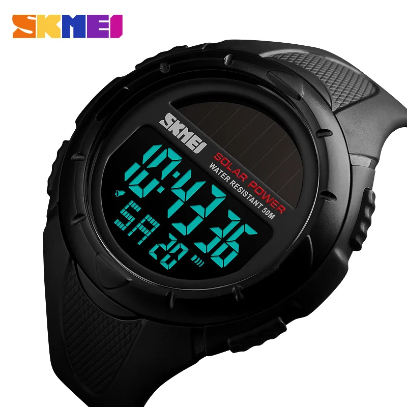 Skmei Solar Power Men Športové hodinky vodotesné LED digitálne hodinky Men Luxusná značka Elektronické pánske zápästie Watch relogio maskulino