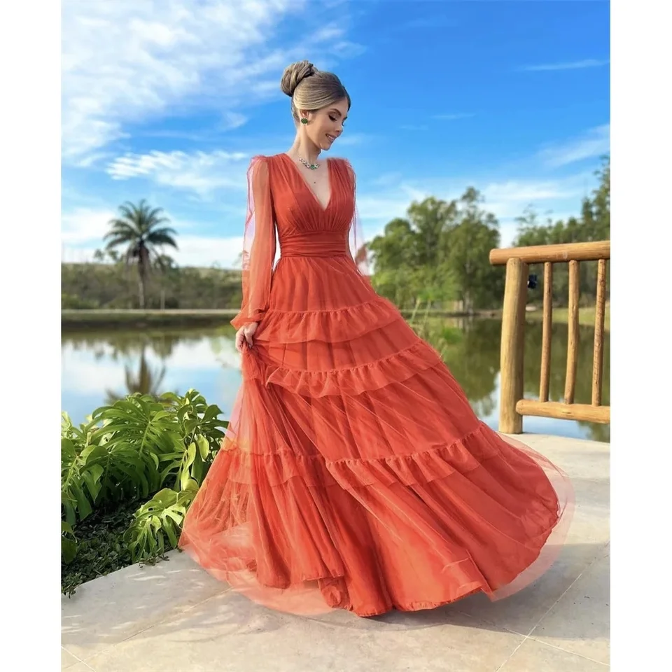 Skromný spálený oranžový tulle ples šaty v krk A-line odstupňované oblátka dlhé rukávy arabské ženy vintage večerné šaty svadobné večera