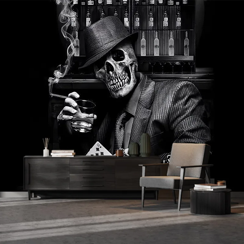 Skull muž fajčiar vínny skrinka dym poker obývacia izba spálňa vlastné prilepenie tapety nástenná maľba
