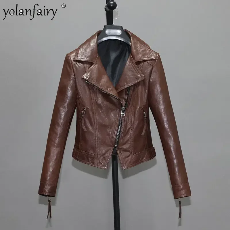 Skutočná kožená bunda Ženy zeleninové opálené kozie kožené oblečenie dámska motocykla bunda vintage