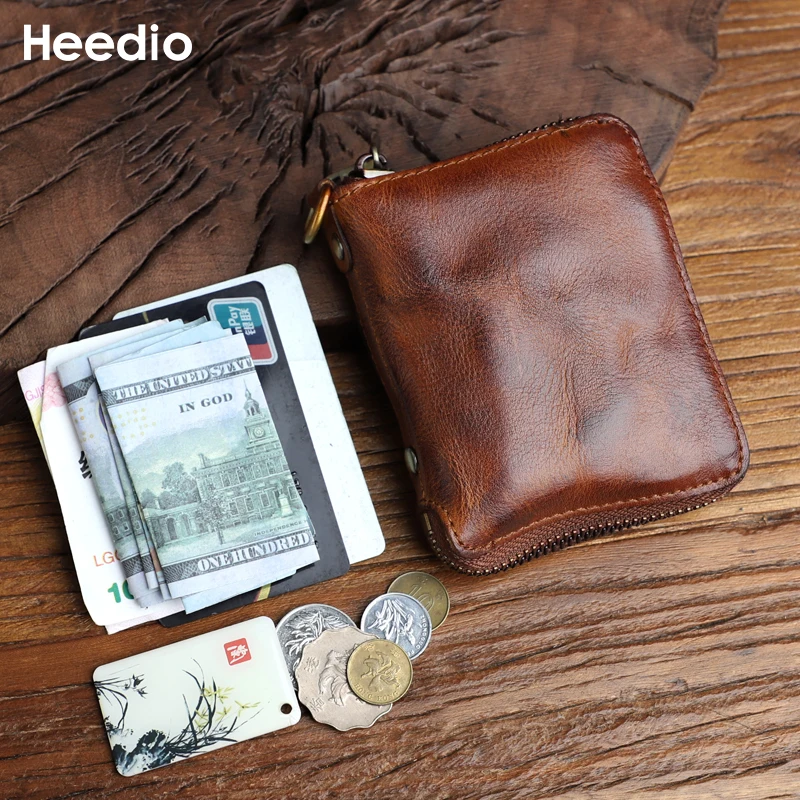 Skutočná kožená pánska peňaženka Retro Cowhide Zipper Card Drží