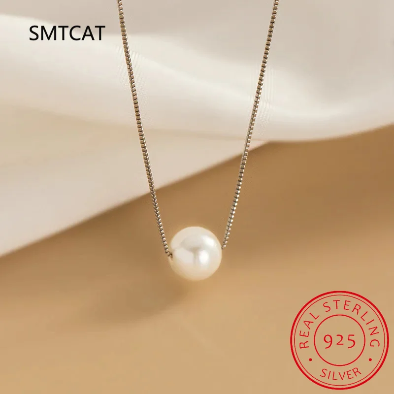 Skutočné 925 Sterling Silver 6/8/10 mm okrúhla perla Pearl Pendant Choker náhrdelník pre kúzlo Ženy jemné šperky Minimalistické príslušenstvo
