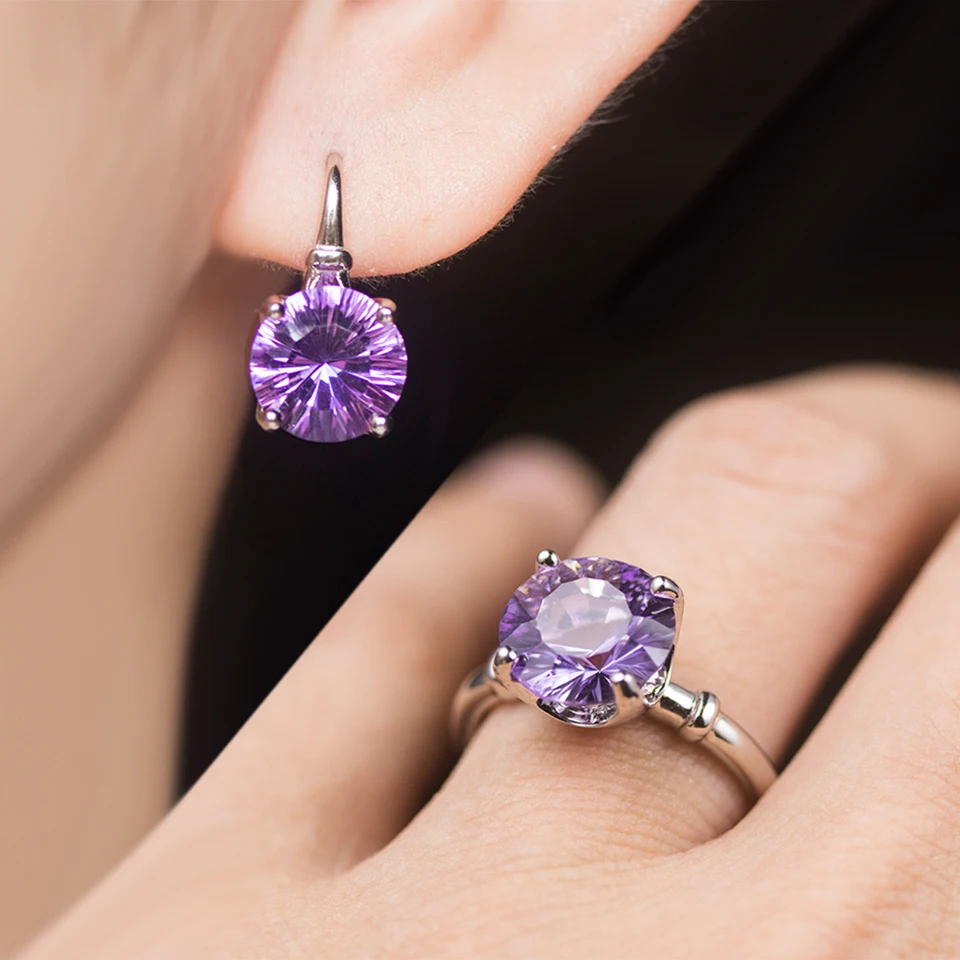 Skutočné 925 Sterling Silver Natural Amethyst Specks Sety Sety Anglicky spona prsteň 10,0 mm drahokam pre ženy