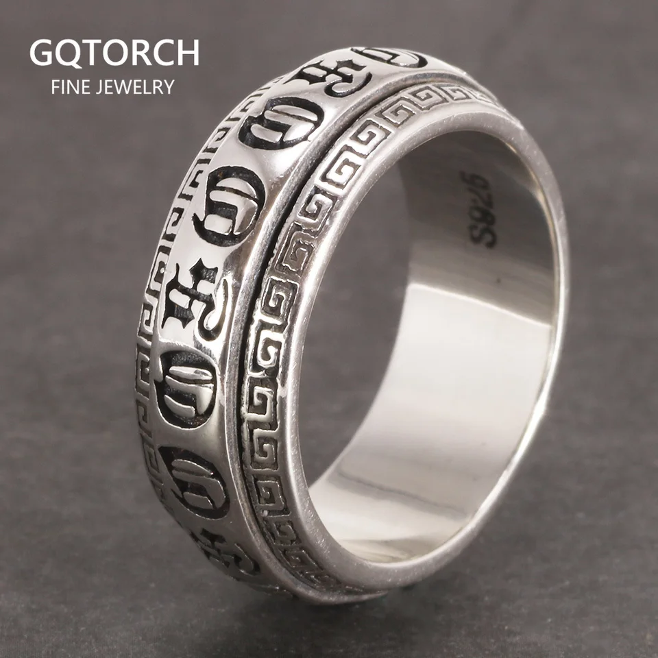 Skutočné 925 Sterling Silver Rings Retro Rotatble Mesting Lucky Tibetan Šesť slov OM Mani Padme Hum Buddha prsteň pre mužov a ženy