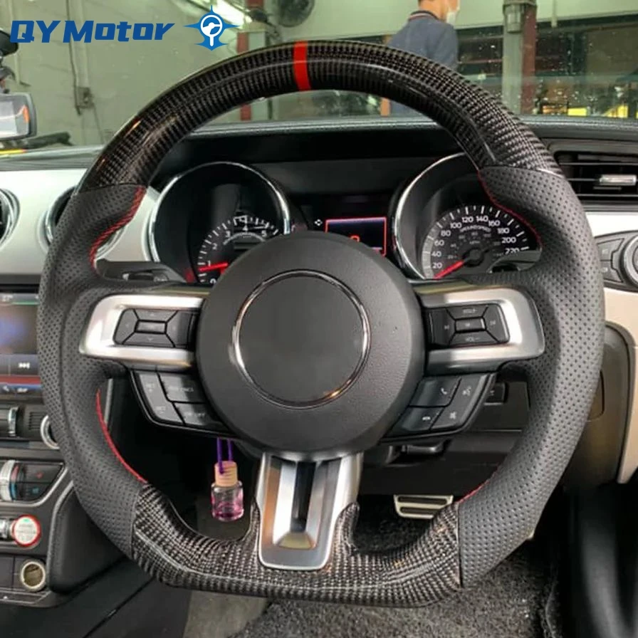 Skutočné uhlíkové vlákno volant perforované kožené kožené červené pre roky 2015-2023 Ford Mustang GT Ecoboost Shelby Sport Racing Wheel