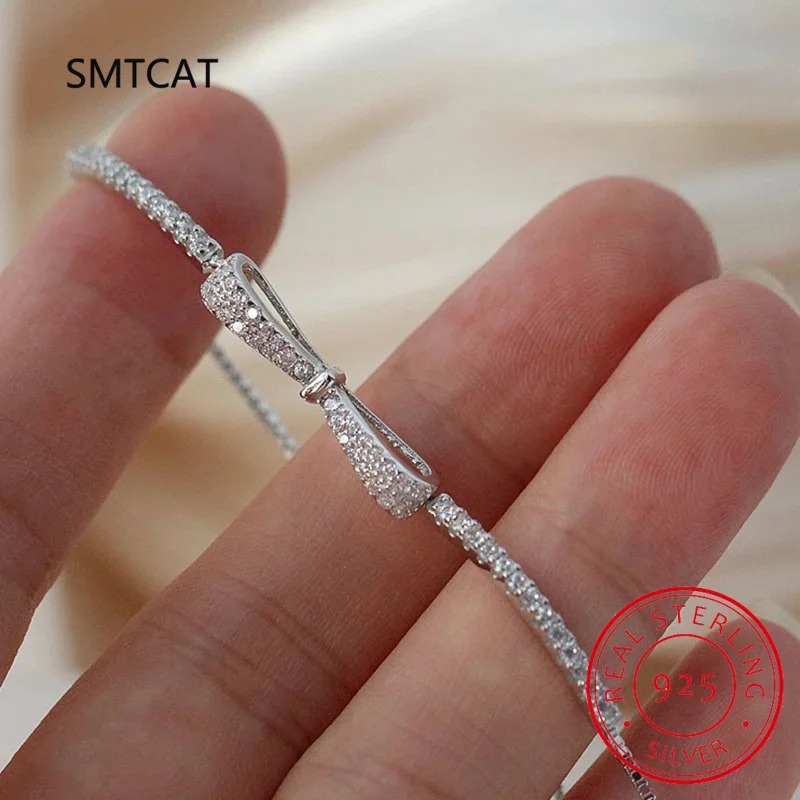 Skutočný 925 Sterling Silver Bowknot náramok pre ženy lesklý zirkon tenisový náramok