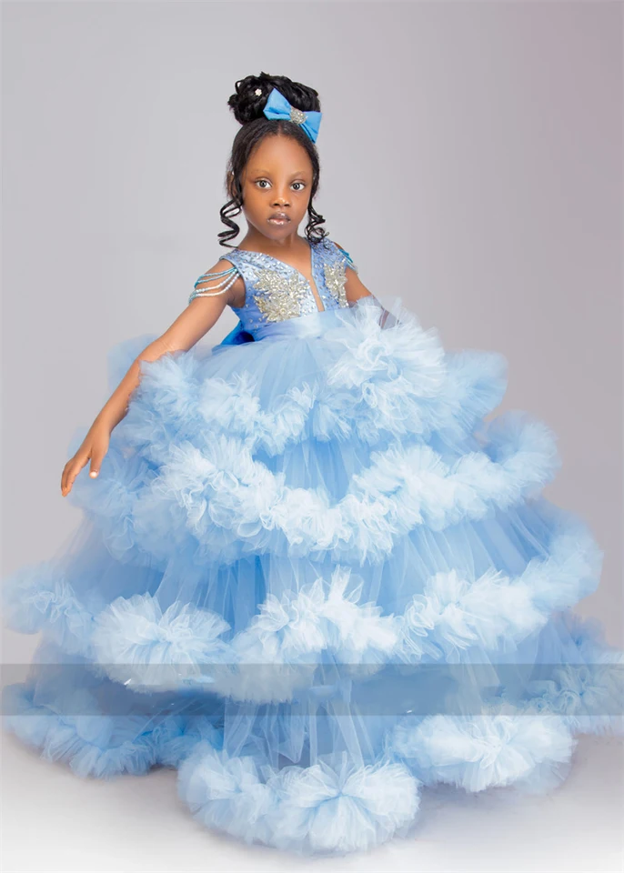 Sky Blue Flower Girl Šaty na svadobnú vrstvenú čipkovanú tyl s luku s korálkami narodeninov