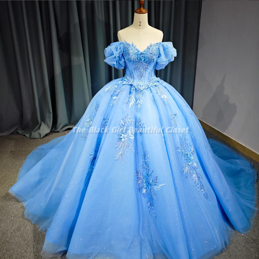 Sky Blue Gorgeous 15 Quinceanera Šaty jemné korálkové aplikácie Flitre Lace Up Card Ramele Pleat Sweetheart Party Šaty