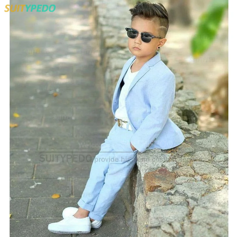 Sky Blue Kids Boys Blazer Pants Dve kusy Sada detí Krst Svadobný prom oblek chlapče Elegantné šaty Teenager Party kostým