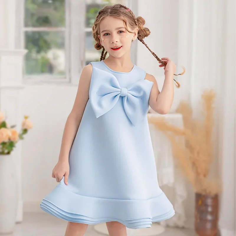 Sky Blue Princess Costume 2024 Nové letné prázdniny dievčenské šaty s veľkým lukom jednodielnym detským narodeninovým detským večierkom svadobné oblečenie
