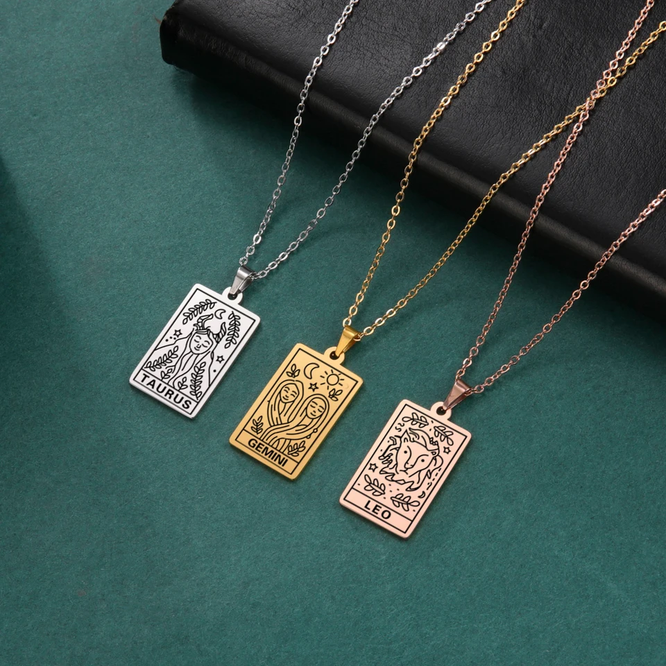 Skyrim Zodiac Dámsky reťazec krku 12 Constellation Vintage Nerezová oceľ štvorcový prívesok Náhrdelníky Leo Gemini Taurus Scorpio
