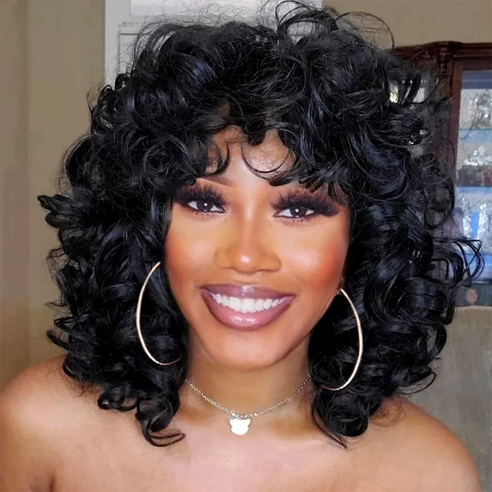 Skákacie kučery Našpľacané ľudské vlasové parochne pre ženy prírodné brazílske kučery Curl Hair Parochne 14 palcov ružové kučeravé ľudské vlasy parochňa