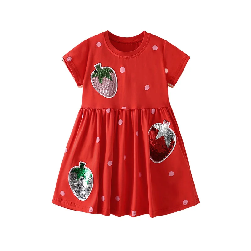 Skákanie metrov 2-7T letné dievčatá šaty Dots Jahody korálky s krátkym rukávom Kids Frocks Detské šaty detské oblečenie