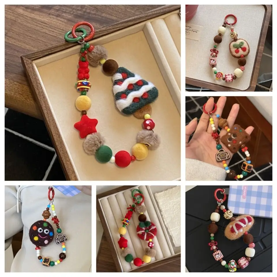 Sladká karikatúra plyšový keychain plsti cookie korálkový telefón na šnúrke auto kľúče cherry vianočný stromček prívesok batohový dekorácia