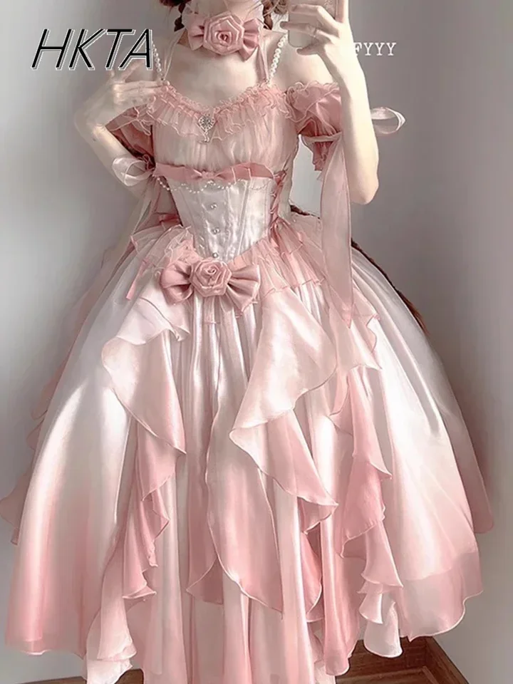 Sladká ružová oparda Lolita šaty lolita narodeninová oslava princezná šaty Ženy elegantné korálkové luku s hranou hranou veľké švih