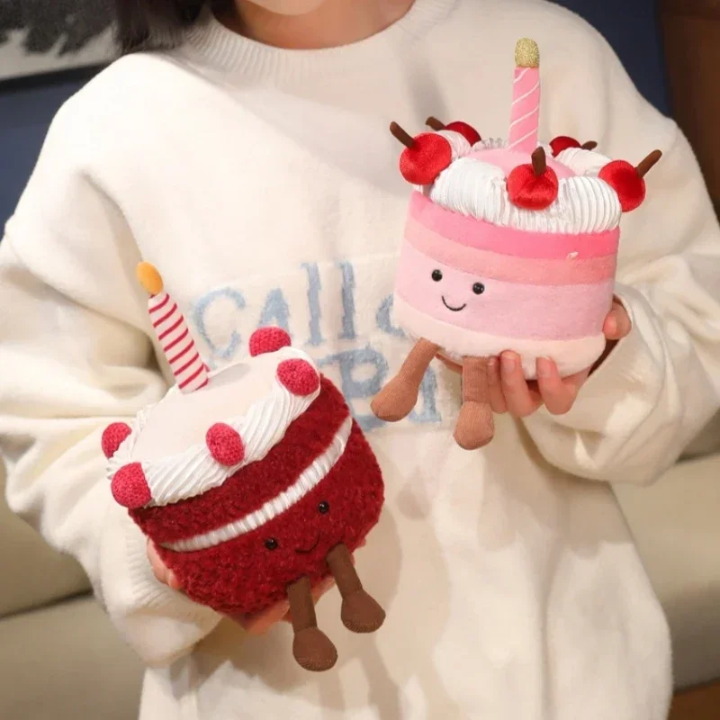 Sladká čerešňová narodeninová torta plyšová hračka plnené jedlo dezert vankúš Kawaii červený zamatový koláč sviečky na večierok dekorácie kreatívny darček